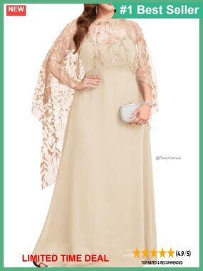 Plus Size Chiffon Maxi Dress Sequin Cape A-Line Formal Evening Gown